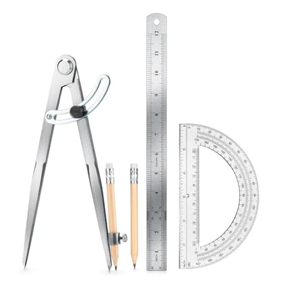 12 Inch Compass Geometry Tool Drawing Compass with Pencils | Includes Large Compass 12 Inch Ruler 6 Inch Protractor and 2 Pencils for Woodworking Carpenter Drafting - size: 12 inches+2 Pencils