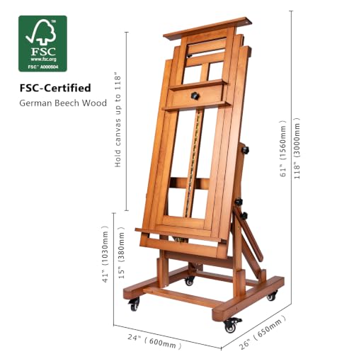 DJAR Extra Large H-Frame Studio Art Easel with Lockable Casters, Walnut | Movable Wooden Tilts Flat Heavy Duty Floor Stand, Solid Beech Wood Art Easel For Artists, Hold 1 or 2 Canvas up to 79"