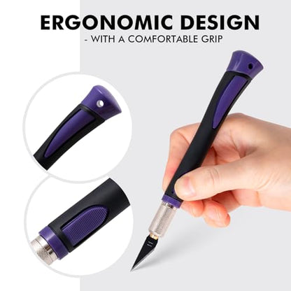 FOSHIO Precision Exacto Knife Set, 2 Pack Craft Knife with Extra 20 Exacto Blades, Hobby Knife Set with Protective Cover Rubber Handle for Crafts, Arts, Stencil, Modeling, Trimming, Carving (Purple) - color: Purple