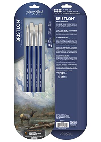 Silver Brush Limited Bristlon Versatile Variety Oil Paintbrush Set, 4pc | Round, Flat, Bright, and Filbert in Size 6, Long Handle, Stiff Fine Point Synthetic Bristle, Lightly Textured Strokes - color: Blue, size: 4 count