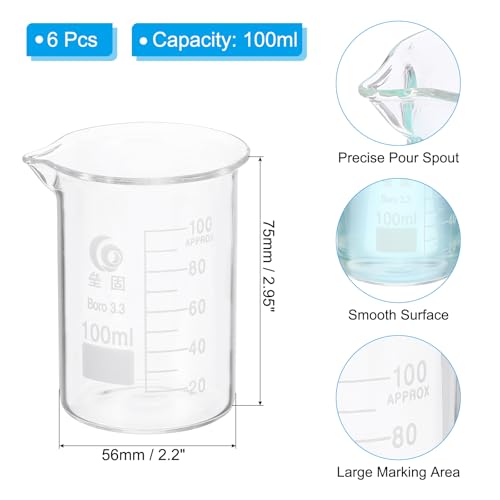 PATIKIL 100ml Low Form Glass Beaker, 6Pcs 3.3 Borosilicate Glass Beakers Graduated Measuring Cup with Spout for Lab Experiment, Cooking and Baking, Clear - size: 100ml