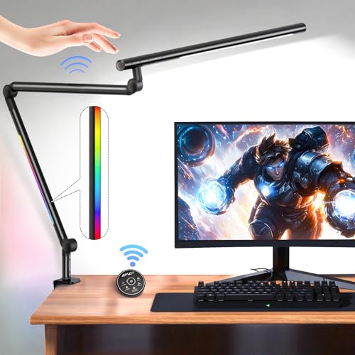 LED Desk Lamp with Clamp, 18W Architect Desk Lamp with Dual Light, Flexible 3 Sections Swing Arm, with RGB Light, with Remote, with Sensor Switch, Stepless Dimming, 4 Color Mode & 5 Brightness - color: RGB Dual Lamp