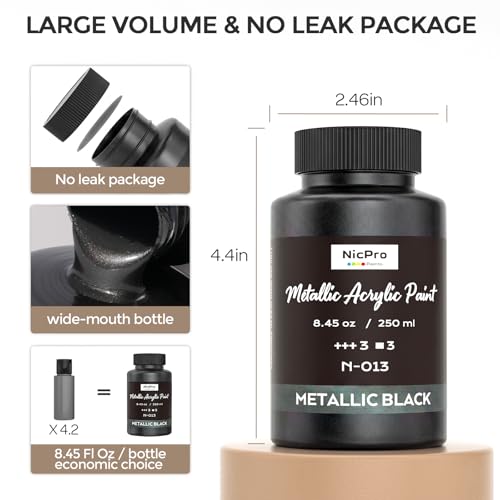 Nicpro Metallic Black Acrylic Paint, 8.45oz/250ml Large Black Craft Paint | Pearlescent Non Toxic, Non Fading Paints for Metal, Wood, Clay, Fabric, Canvas, Ceramic, Furniture, Handcrafts Art Supplies - color: Metallic Black, size: 8.45 Fl Oz (Pack of 1)