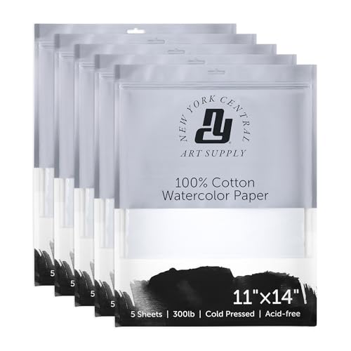 New York Central Watercolor Paper - 11x14-5 Packs of 5-25 Sheets Total - 300 lb. Cold Press - 100% Cotton, Acid-Free, Archival Quality, Bright White Watercolor Paper Pad for Wet & Dry Media - size: 11x14"