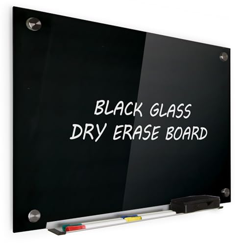 Real Glass Dry Erase Board, 18" x 24", Tempered Glass Surface, Frameless Wall Mount, with 4 Assorted Color Markers and Eraser, by Better Office Products (Jet Black) - color: Jet Black