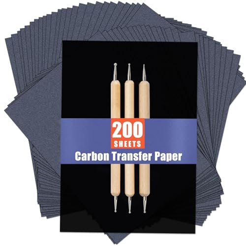 PSLER 200 Sheets Carbon Transfer Paper - Tracing Paper & 3 Embossing Stylus | Use with Carbon Paper, Dark Carbon Copy Paper for DIY Woodworking, Canvas, Art Crafts, Pattern Transfer & Drawing Surfaces - size: A4 (200 Sheet with 3PCS Embossing Stylus)