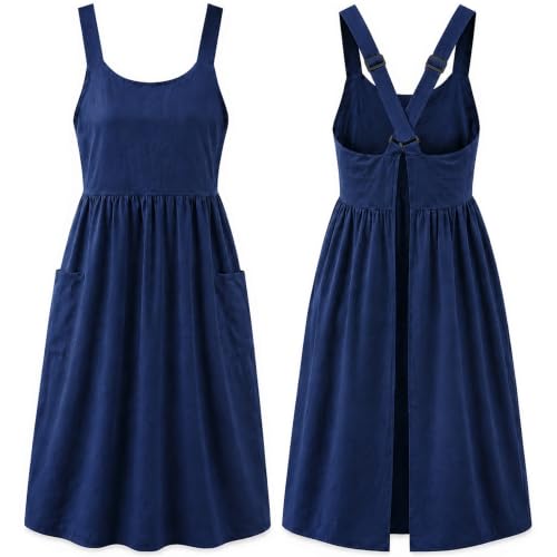 Uaussi Cotton Linen Apron Cross Back Work Apron for Women with Pockets Pinafore Dress X Cross Halter Apron for Chef Gardening - color: Navy Blue