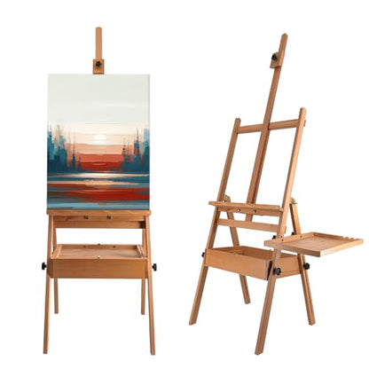 Large Beech Wood Painting Easel H-Frame, Drawer with Palette - color: Wooden Pro