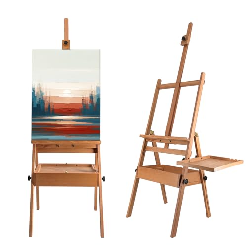 Large Beech Wood Painting Easel H-Frame, Drawer with Palette - color: Wooden Pro