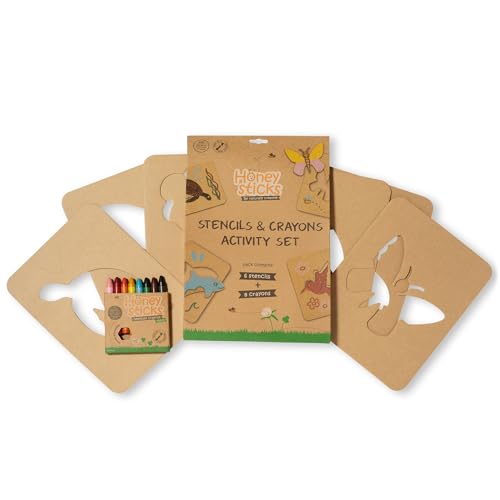 Honeysticks Kids Activity Set - 6 Stencils and Jumbo Beeswax Crayons (8 Pk) | Art Set for Ages 3-5 - Non-Toxic Crayons (8 Pack) Plus 6 Large Stencils - Easy to Use - Preschool Drawing and Coloring, Gift
