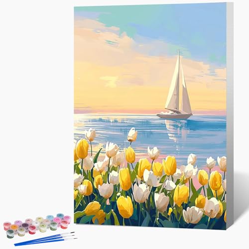 Framed Paint by Numbers Kit for Adults Beginner & Kids Age 8-12, Easy Flowers Adult Paint by Number Kits on Canvas, DIY Acrylic Watercolor Oil Paint by Number for Adults Landscape for Gift 8x12 Inch - color: DG-OP-F-SailboatFlower-2030
