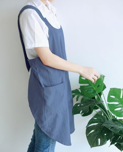 NEWGEM Japanese Cotton Linen Cross Back Cooking Apron for Women Men with Pockets Cute for Baking Kitchen - color: 08 - Women's Blue Gray