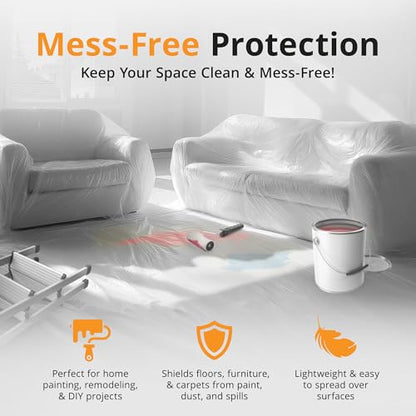 PRIMAX Clear Plastic Drop Cloth 9x12 ft (24 Pack) – Waterproof Painters Plastic Sheeting for Painting, Furniture Covers & Dust Protection – Easy Cleanup, Mess-Free Solution for Painting or Renovations - size: 9' x 12' - 24 pack