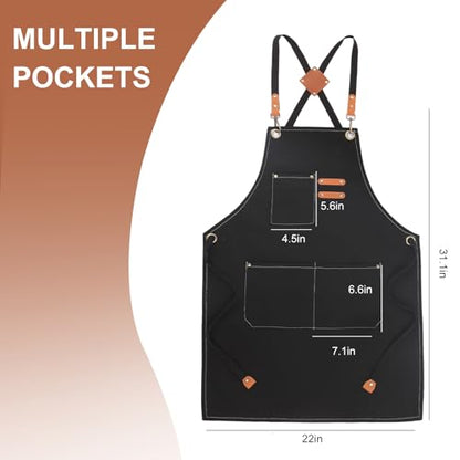 Men's Canvas Tool Apron, Heavy Duty Multi-Pocket Work Apron for Woodworking Gardening Bartender Adjustable Straps - color: Black