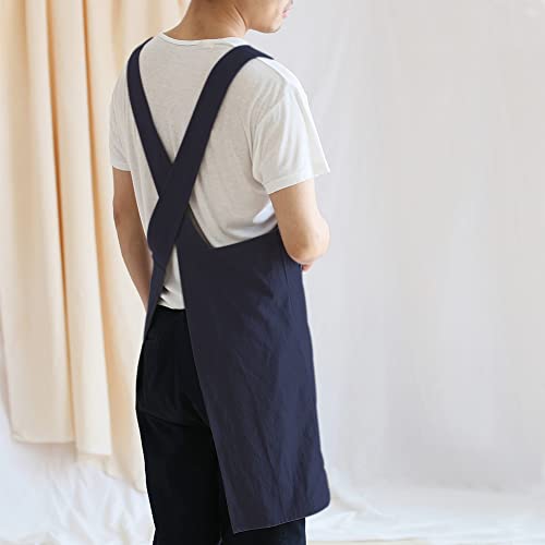 NEWGEM Japanese Cotton Linen Cross Back Cooking Apron for Women Men with Pockets Cute for Baking Kitchen - color: 13 - Men's Navy