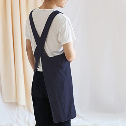 NEWGEM Japanese Cotton Linen Cross Back Cooking Apron for Women Men with Pockets Cute for Baking Kitchen - color: 13 - Men's Navy