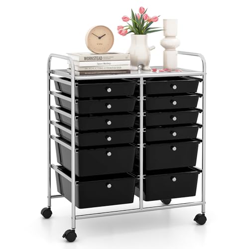 12 Drawer Rolling Storage Cart, Craft Cart Organizer on Wheels w/Metal Frame, Large Capacity & Smooth Drawer, Rolling Cart w/Drawers for Classroom, Office - color: Black, size: 12 Drawer