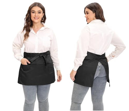 Server Aprons Large Size W 3 Pockets - Half Waist Apron in Black for Women Men - color: Black