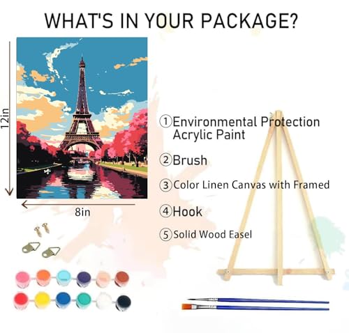 6 Pack Framed Paint by Numbers Kit for Adults Beginners with Wooden Easel,Scenery-Cityscape Easy Adults' Paint-by-Number Kits with Frame,DIY Number Painting Adults for Decor Present 8x12 inch