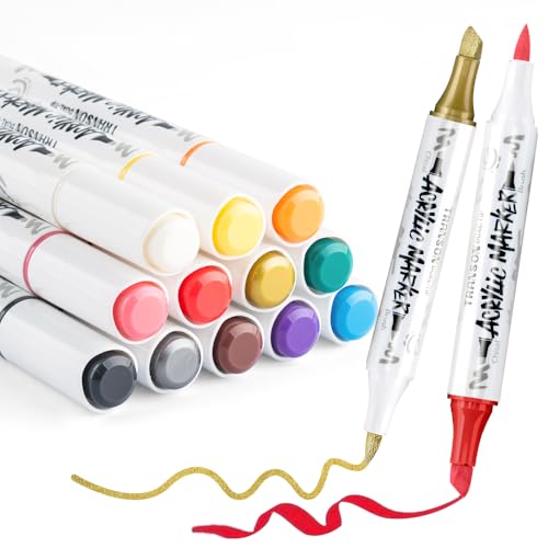 TRANSON 12 Colors Chisel and Brush Dual-tip Acrylic Paint Marker Pen Set for Canvas Rock Wood Leather Ceramic DIY Painting - color: 12 Colors
