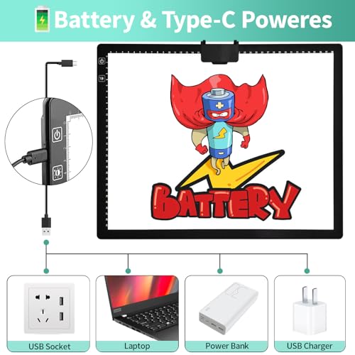 A3 Light Pad - Rechargeable Diamond Painting Light Board with Stand, 3 Colours Stepless Dimmable 6 Levels Brightness Tracing Light Box, Battery Powered Portable Light Pad for Weeding Vinyl Tracing - style: A3 Rechargeable(Black)