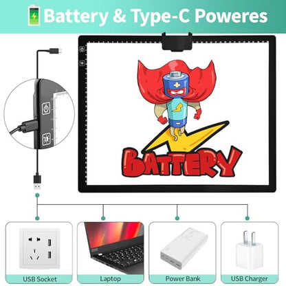 A3 Light Pad - Rechargeable Diamond Painting Light Board with Stand, 3 Colours Stepless Dimmable 6 Levels Brightness Tracing Light Box, Battery Powered Portable Light Pad for Weeding Vinyl Tracing - style: A3 Rechargeable(Black)