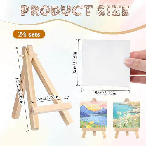 24 Pack Mini Canvases and Easels 3 x 3 Inch Small Canvas and Easel for Painting Art Stand with Panels Tabletop Wooden Display Easel for Birthday Parties Valentine‘s Day Gift
