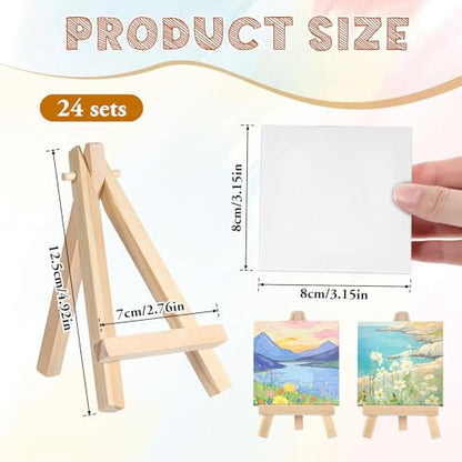 24 Pack Mini Canvases and Easels 3 x 3 Inch Small Canvas and Easel for Painting Art Stand with Panels Tabletop Wooden Display Easel for Birthday Parties Valentine‘s Day Gift