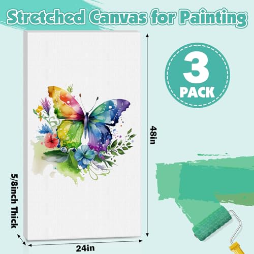 ESRICH Long Canvas for Painting 24x48 Inch, 3Pack Stretched Canvas for Painting, Primed Acid-Free Cotton Rectangular Blank Canvases, Art Paint Canvases for Oil,Watercolor,Acrylic Paint,Gouache - size: 24X48IN 3 Packs