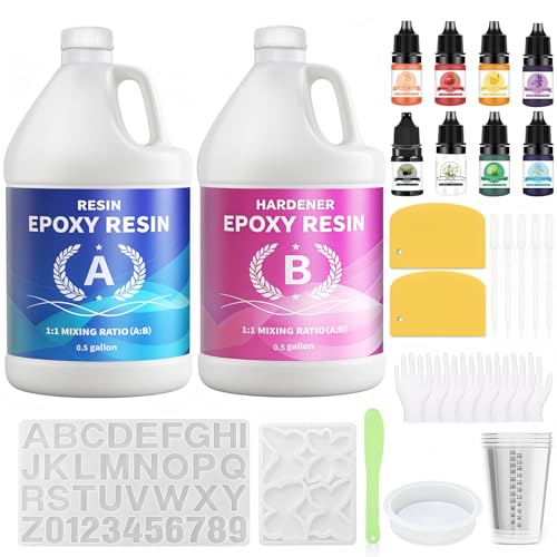 Minlebao Crystal Clear Epoxy Resin Kit 1 Gallon, High Gloss Bubble-Free Coating & Casting for DIY Art, Jewelry Making, River Tables - 1:1 Ratio with Measuring, Silicone Mold and Usage Tools - size: 1Gallon