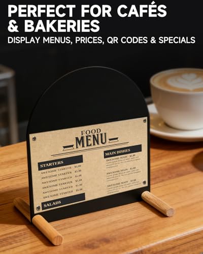Metal Tabletop Menu Stand with Magnetic Holders and Chalk Writable Surface, Reusable Cafe Display Board with Wooden Base for Restaurant Bakery Retail Counter Menu, Daily Specials and Price Signs - size: A4 Horizontal (13 × 7.9 in)