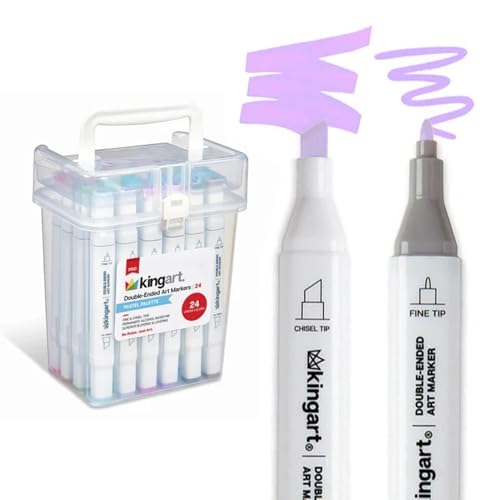 KINGART PRO Double-Ended Alcohol Ink Art Markers, 24 PASTEL Colors, Fine Point & Chisel Tips, Permanent with Superior Blendability, Includes Plastic Case, 24 Pc. - color: Pastel