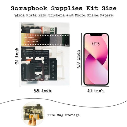 Diuhofart 94Pcs Scrapbooking Supplies Kit, Old Film Strips Photo Frames for Junk Journal Supplies, Scrap Booking Cutouts Papers Scrapbook Materials, Quote Stickers for Journaling, Collage - color: Classic Movie Filstrip Kit