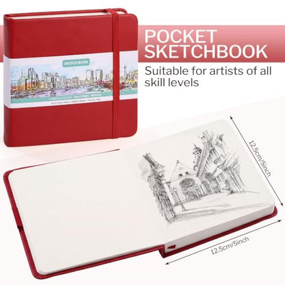 Hardcover Pocket Sketchbook, 5" × 5", 80 Sheets Small Sketch Book, Red | 160gsm Acid-Free Paper, Elastic Closure, Ribbon Bookmark, Compact Travel Size for Sketching & Journaling - color: Red