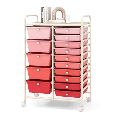 COSTWAY 15 Drawer Rolling Storage Cart, Mobile Storage Organizer | Removable Drawers & Metal Frame, Multipurpose Utility Tools Paper Organizer on Wheels for Home, Office (Mixed Pink) - color: Mixed Pink, size: 15 Drawer