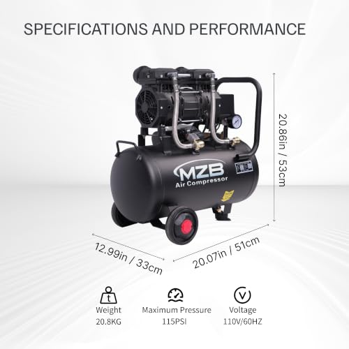 MZB 6.4 Gallon Ultra Quiet Air Compressor 110V/60Hz 1.5HP 7.41CFM MAX 115PSI Steel Tanks Oil-Free 70dB Noise Level Air Compressor with Wheels for Spray Painting, Auto Repair, Carpentry Decoration - size: MZB-1100H-24