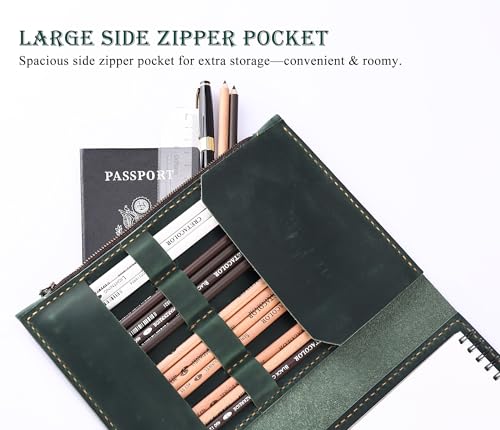 Fasjosma Leather Sketchbook Cover for A5/5.5"x8.5" Top Spiral Bound Sketch Pads - Handmade Genuine Leather Artist Case with Pencil Holder & Zipper Pocket, Professional Drawing Supplies - color: Green, size: 5.5" x 8.5"