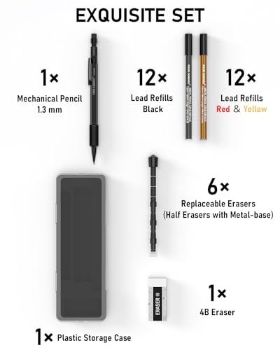 Four Candies 1.3mm Mechanical Pencil Set with 24 Lead Refills, Metal Weatherproof Heavy Duty Outdoor Carpenter Pencil, Eraser, 6 Eraser Refills for Architect Drafting Woodworking Marking with Case - size: 1-Pack, style: Black