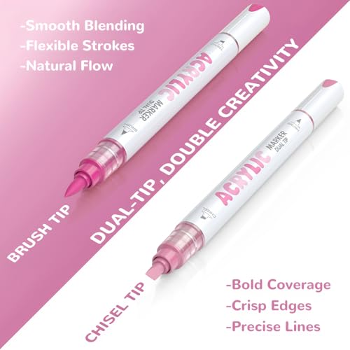 Guangna 12 Pink Dual Tip Acrylic Paint Markers, Brush Tip & Chisel Tip Acrylic Paint Pens for Rock, Wood, Glass, Paper, Coloring Book, Ceramic, Canvas, Water-Based Ink - color: Pink