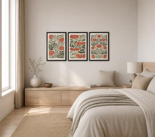 3pcs Framed Canvas Wall Art Botanical Print Green And Orange 16x24 Inches | Modern Floral Print, Decorative Painting, Suitable For Living Room Bedroom Home Gallery, Ready To Hang - color: Abstract floral orange, size: 16"L x 24"W