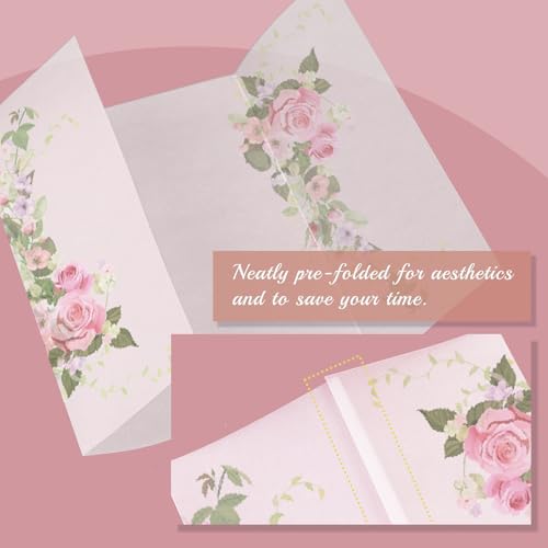 Goefun 50 Pack 5x7 Pre-Folded Vellum Jackets 5x7 with Pink Rose Pattern - color: pattern-pink rose, size: 5x7-50pcs