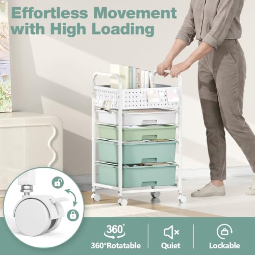4 Drawer Rolling Storage Cart with Pegboard Top and Hooks, Gradient Green - color: Gradient Green, size: 4-Drawers
