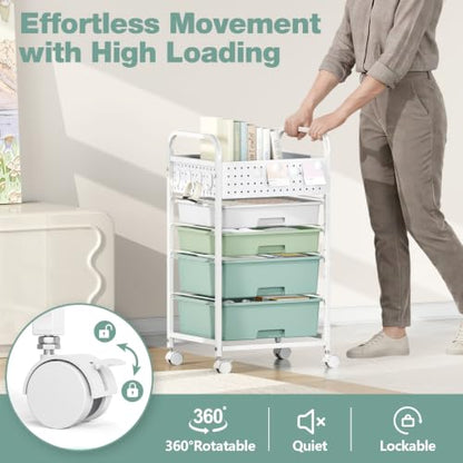4 Drawer Rolling Storage Cart with Pegboard Top and Hooks, Gradient Green - color: Gradient Green, size: 4-Drawers