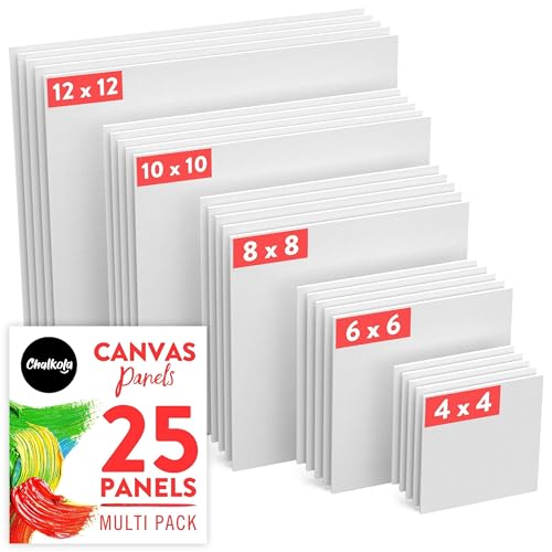 Chalkola Paint Canvases for Painting Multipack - 25 Pack Square Canvas Panels - 4x4, 6x6, 8x8, 10x10, 12x12 inch (5 Each) - 100% Cotton, Primed, Acid Free Art Canvas Boards for Painting | Square Boards - 4x4, 6x6, 8x8, 10x10, 12x12 inch (5 Each) - 100% Co