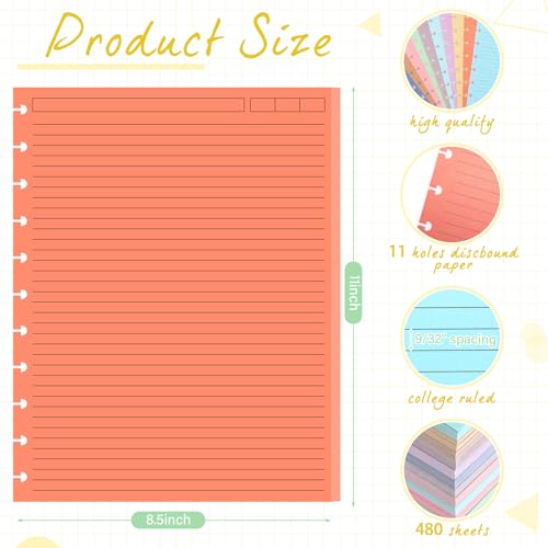 12 Pack 480 Sheets Colored Discbound Refill Paper 8.5 x 11 Inch College Ruled 11 Disc Letter Size Lined Paper Multicolored Notebooks for Refill Journaling(Candy Color) - color: Candy Color