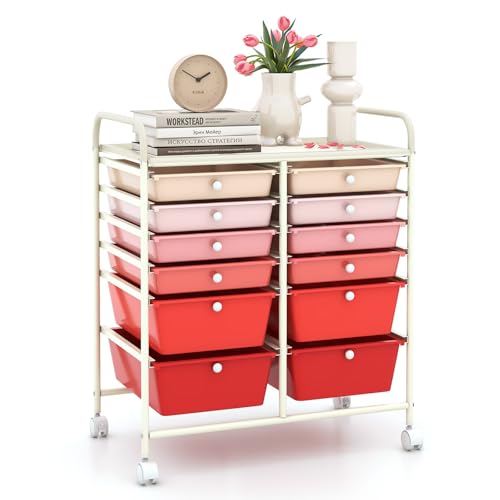 12 Drawer Rolling Storage Cart, Craft Cart Organizer on Wheels w/Metal Frame, Large Capacity & Smooth Drawer, Rolling Cart w/Drawers for Classroom, Office - color: Gradient Pink, size: 12 Drawer