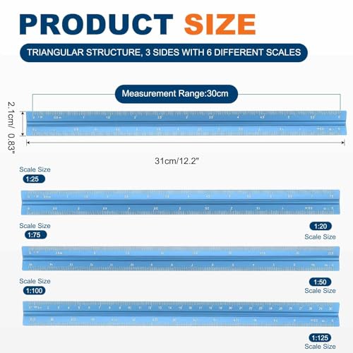 HARFINGTON 2 Pcs Architectural Scale Ruler, 12 Inch Metric Aluminum Alloy Architect Triangular Small Scale Laser-Etched Blueprint Drafting Ruler for Architects Engineers, Blue - color: Blue, size: 12 Inch
