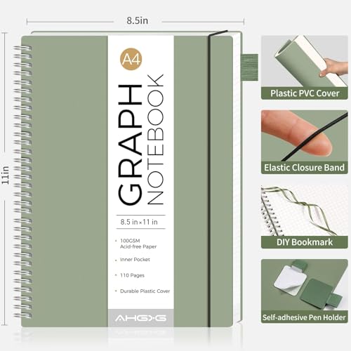 AHGXG Spiral Graph Paper Notebook, 110 Pages, A4 (8.5" x 11") | 100 gsm Thick Grid Paper, Waterproof Plastic Cover, for School Writing Engineering (Sage Green) - color: Sage Green, style: A4-Graph