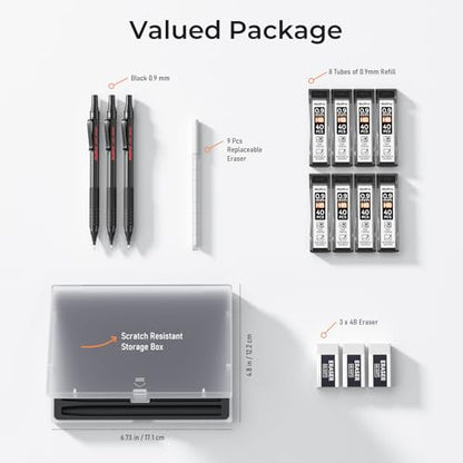 Nicpro 0.9 Metal Mechanical Pencil Set with Case, 3PCS Black MP1000 0.9mm Drafting Pencil, 8 Tubes HB Lead Refills, 3PCS Erasers, Erasers Refills for Artist Writing, Drawing, Sketching | 3PCS MP1000 0.9mm Drafting Pencil, 320PCS HB Lead Refills, 3PCS Eras