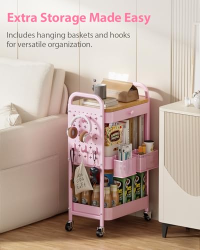 ALVOROG 3 Tier Metal Rolling Cart with Drawer,Wood Top,Pegboards,Pink | Storage Utility Cart with Drawers,Pegboards,Lockable Wheels,Baskets,Hooks for Kitchen,Office,Bedroom,DIY Supplies - color: Cherry Blossom Pink